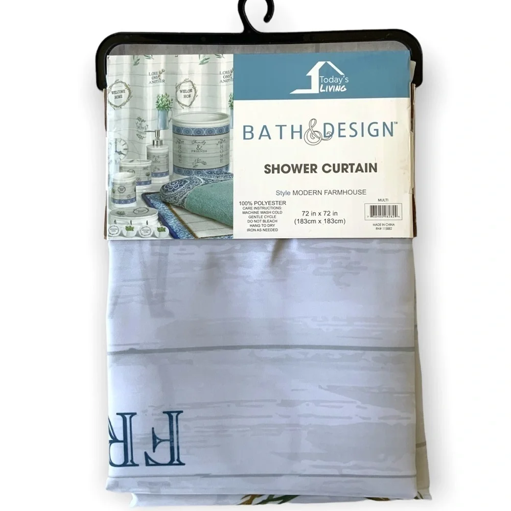 Modern Farmhouse Fabric Shower Curtain White Blue Multicolor 72 in X 72 in